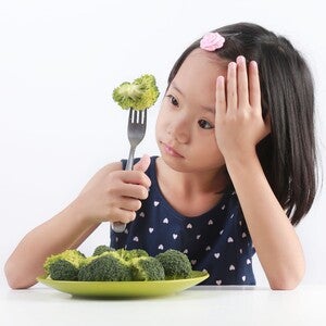 Photograph of a young girl holding broccoli on a fork, plate of broccoli in front