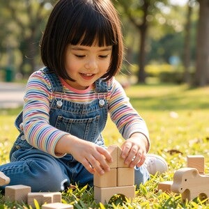 Photograph: smiling young girl on grass assembling wooden toy blocks in a sunny park