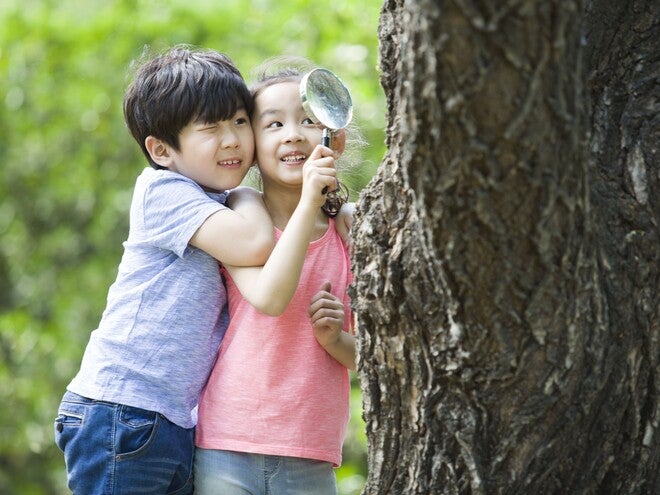 Photograph: two smiling children hugging and peeking from behind a tree in a green park